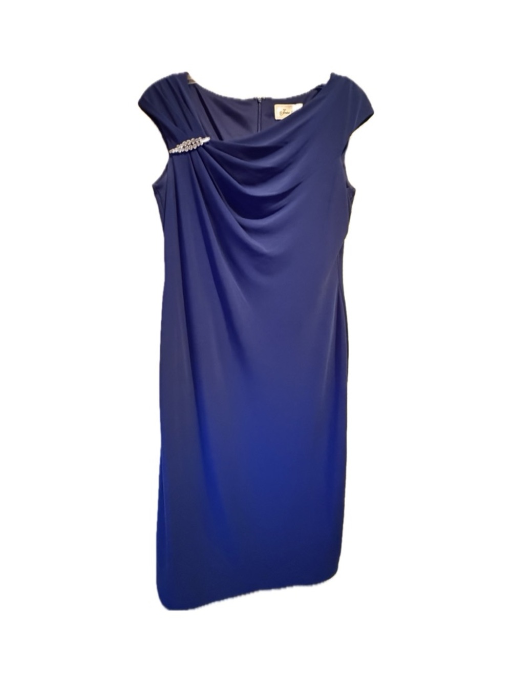 Jessica Royal Blue Draped Cap-Sleeve Midi Dress with Rhinestone Detail